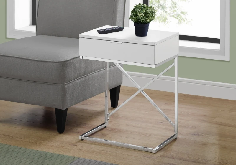 Monarch 24" Contemporary End Table Night Stand with Large Storage Drawer and Metal X-Design Frame - Glossy White / Chrome Base