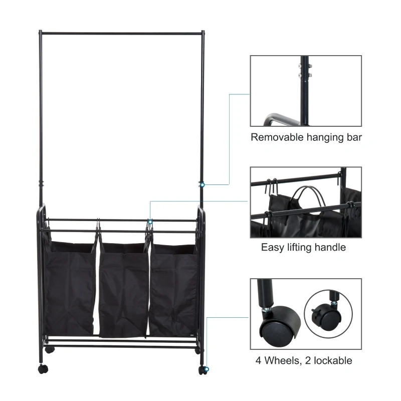 HomCom 3 Bag Heavy Duty Divided Laundry Hamper Sorter Cart With Wheels And Hanging Bar - Black