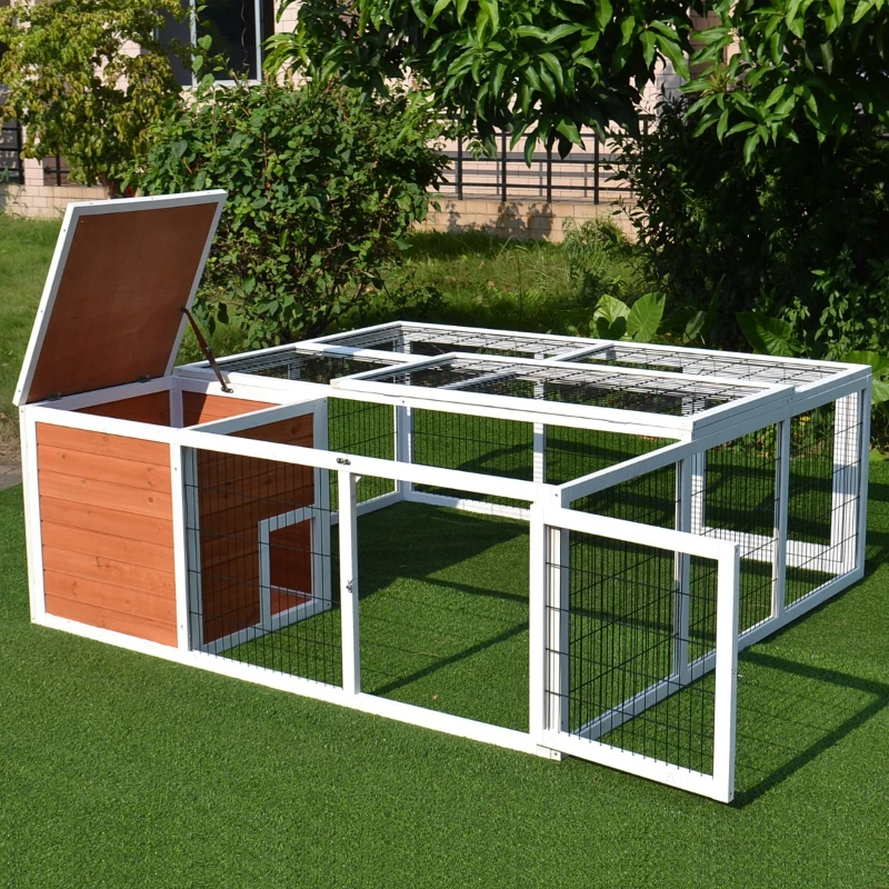 PawHut 64" Outdoor Rabbit Hutch Playpen, Wooden Tortoise House Habitat, Bunny Cage with Run and Enclosed Cover, for Rabbits, Chickens, Ducks, Indoor, Brown