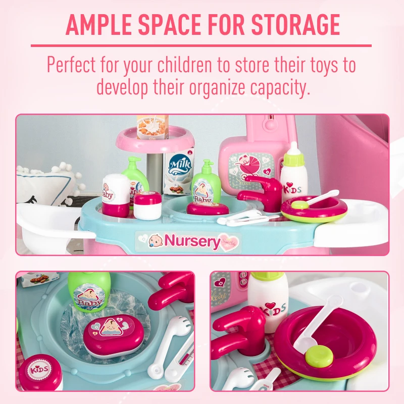 Qaba Baby Doll Bath Playset Kids Baby Nursery Set with Accessories for Boys Girls Ages 3-6 Years Pretend Play Set for Children Blue Pink
