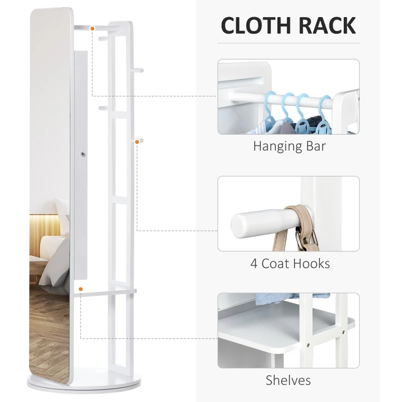 HOMCOM Full Length Glass Mirror with Hidden Jewelry Cabinet and Pine Wood Clothing Rack, White