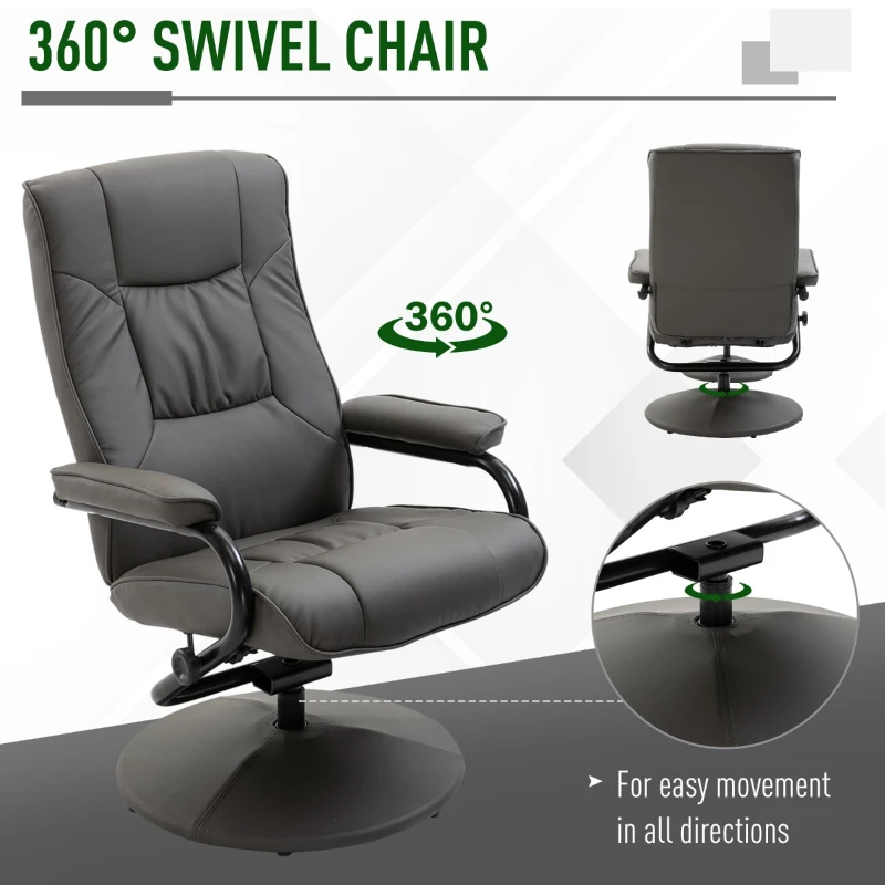 HOMCOM Adjustable Leisure Recliner Chair and Ottoman Set with Swiveling Base, Faux Leather, Grey