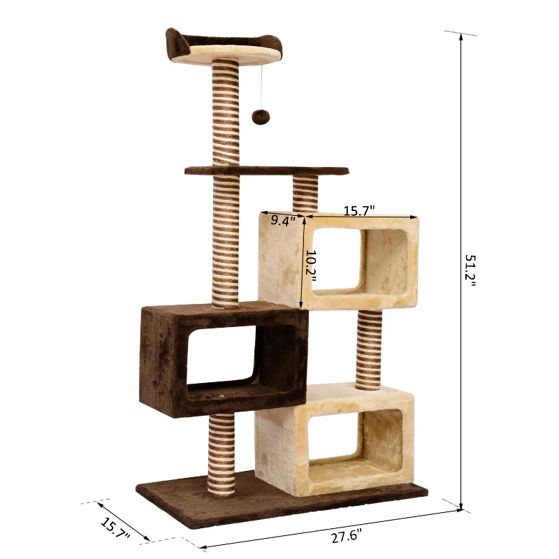 PawHut 51-inch Multi-Level Cat Tree Kitten Scratcher Post with 3 Condos Cat Play House Activity Centre w/Toy