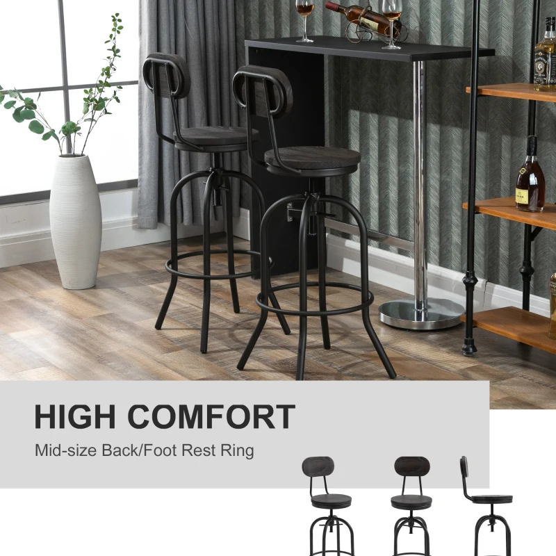 HOMCOM Set of 2 Swivel Mid-Back Barstools, Industrial Style Kitchen Stool Wooden Seat Armless with Adjustable Height ,Steel Frame