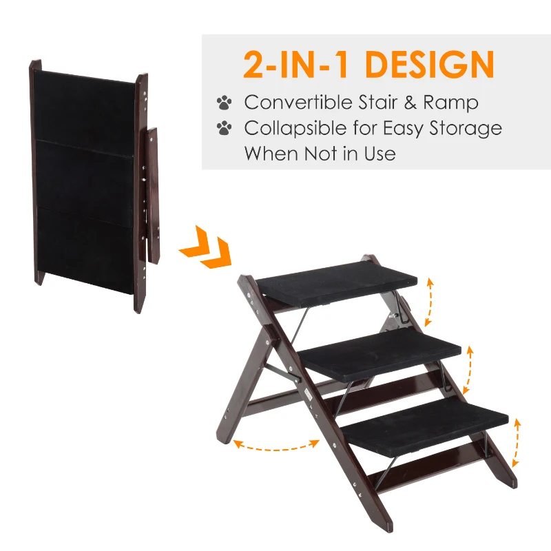 PawHut 2-in-1 3 Step Pet Stair and Ramp Convertible Dog Cat Stool Folding Portable Easy Climb Flat