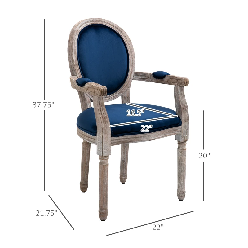 HOMCOM Vintage Dining Chair with Round Back, Thick Sponge Padded Seat and Section Armrest with Wood Frame, Blue