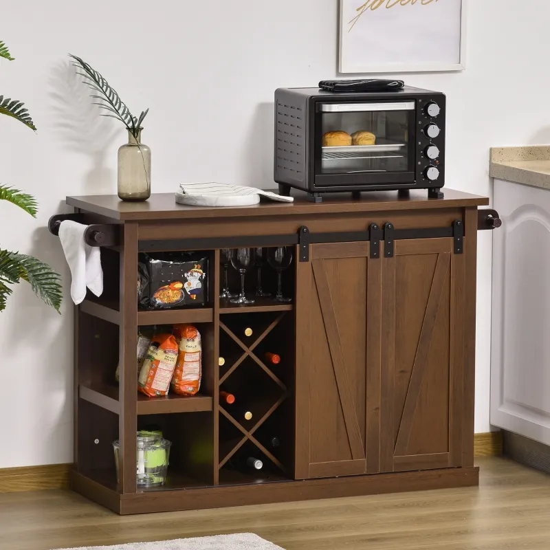 HOMCOM 53" Rolling Kitchen Island with Storage Shelves, Utility Kitchen Trolley Rolling Cart on Wheels with Sliding Barn Doors, Wine Rack and Towel Holders, Walnut