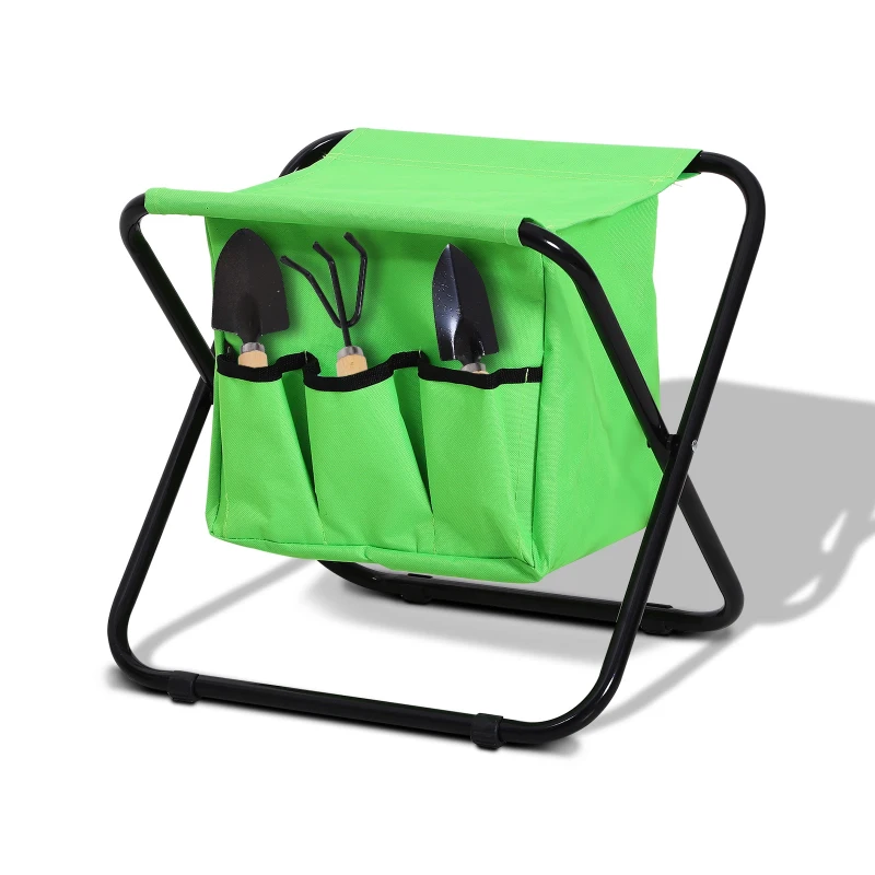Outsunny Heavy Duty Folding Lightweight Stool Chair w/ Tool Bags and 3 Tools Garden Outdoor  Green