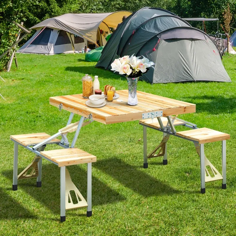 Outsunny 54" Portable Camping Table with 4 seat Wooden Portable Folding Picnic Table Set with Umbrella Hole
