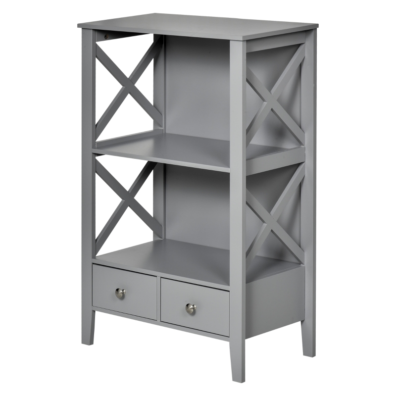 kleankin X- Frame Freestanding Floor Bathroom Storage with Two Drawers, Storage Organizer, Cabinet with 3 Shelves - Grey