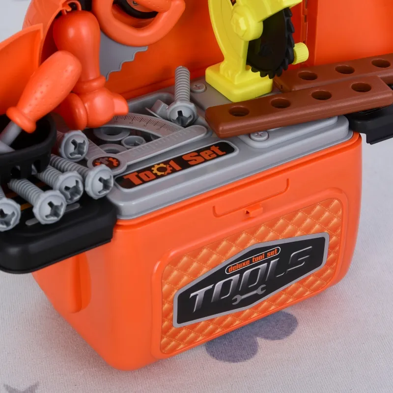 Qaba 34-Pieces Kids Tools Play Set Backpack Realistic Workbench Construction Toy for Boys Workshop Children Storage Carry Case Pretend Worker Costume Orange