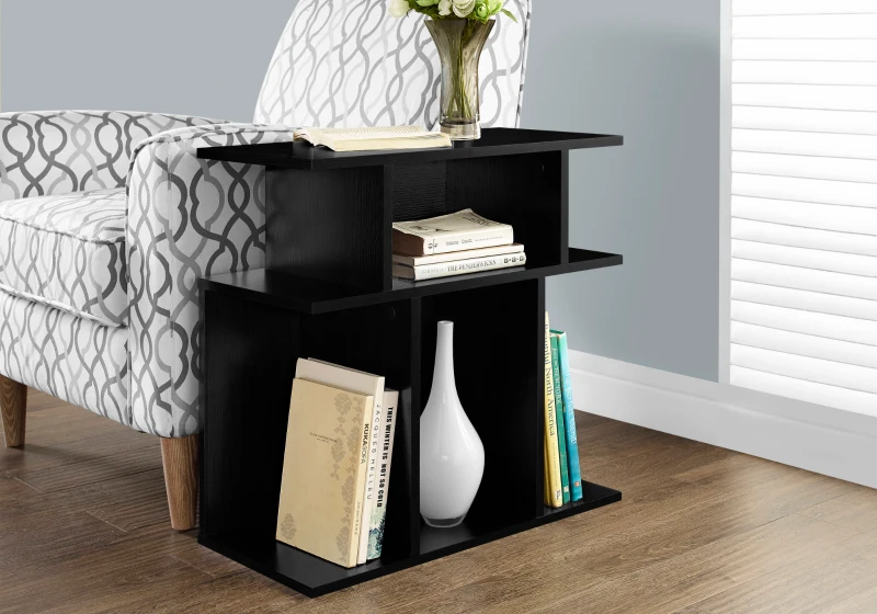 Monarch 24" Modern 3-Tier Open Concept Display Shelves Wood Grain-Look Accent Side End Table - Black Finish