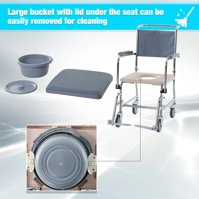 HOMCOM Shower Rolling Chair Personal Mobility Assist Bedside Commode Toilet Chair with Detachable Bucket Armrest Wheelchair Design Armchair for Elder Disabled Pregnant, Grey