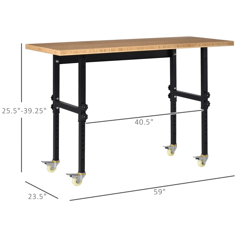 HOMCOM 59" Mobile Workbench - Large Bamboo Tabletop Project Station, Versatile & Durable, Ideal for DIY Enthusiasts & Craftsmen
