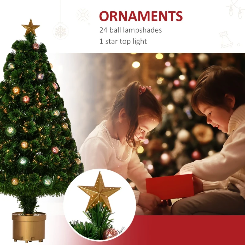HOMCOM 3 FT Pre-Lit Artificial Table Christmas Tree, Fiber Optic Holiday Home Xmas Indoor Decoration with Golden Stand, Green