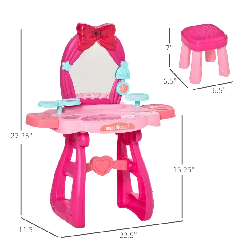 Qaba Pink Kids Vanity Makeup Table Set with Chair, 36-Piece Set Princess Vanity Table and Comfortable Safe Stool, Imaginative Toy, with Mirror Lights, Music, Bright Red, Pink