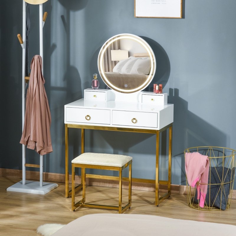 Homcom Makeup Vanity Table Set With 3 Color Touch Screen Dimmable Lighted Mirror Dressing Desk 4 Drawers And Cushioned Stool For Bedroom White Aosom Canada Homcom Makeup Vanity Table Set With 3, Lighted Mirror Vanity Bedroom