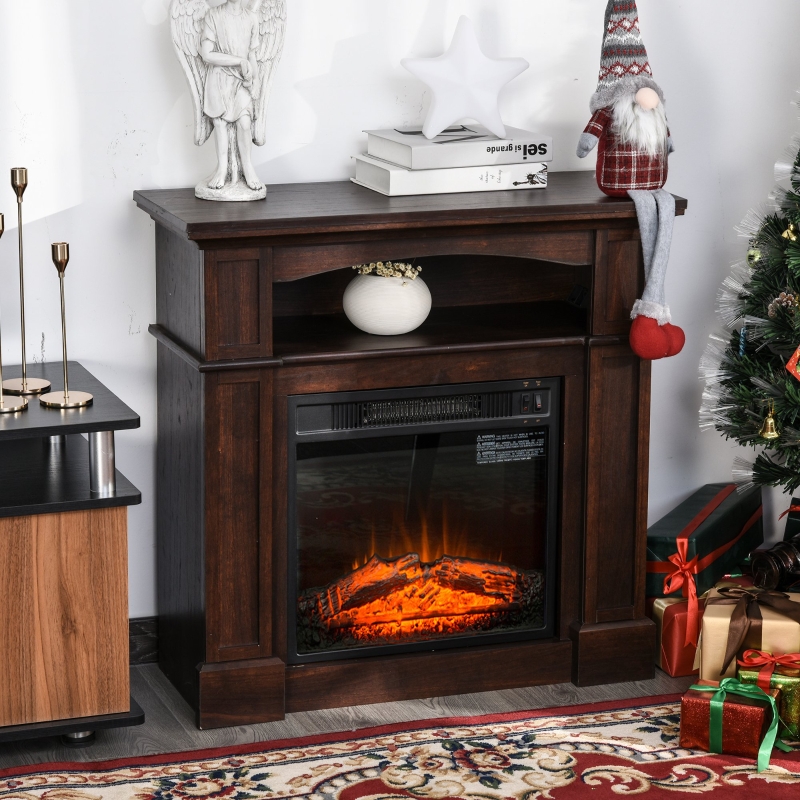 HOMCOM 1500W Freestanding Electric Fireplace Space Heater Wood Mantel Realistic Flame Stove, Dark Coffee