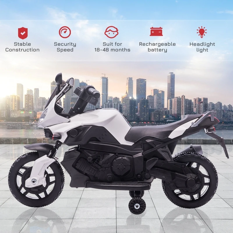 Aosom 6V Kids Motorcycle Dirt Bike Electric Battery-Powered Ride-On Toy Off-road Street Bike for Children with Rechargeable Battery, Pedal, Horn, Headlights, and Training Wheels for Balance White