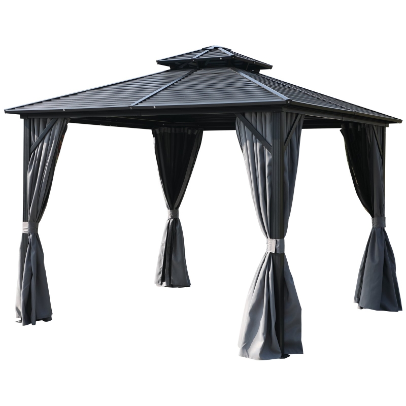 Outsunny 10'x 10' 2-Tier Roof Steel Hardtop Aluminum Permanent Gazebo with a Mesh Net and Privacy Sidewalls