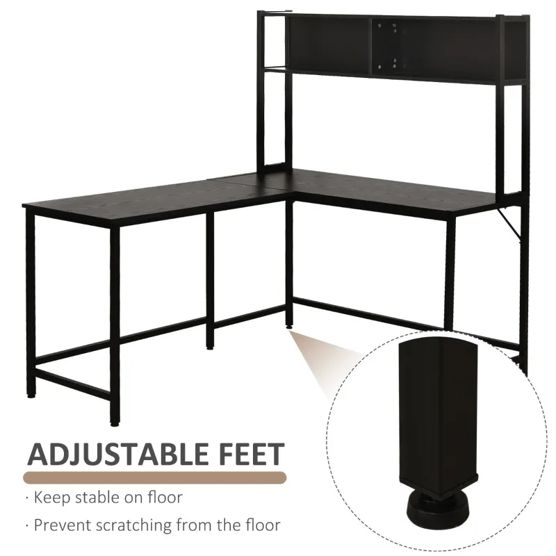 HOMCOM 55 Inch L Shaped Computer Desk with Hutch, Corner Desk for Home Office and Study, Writing Workstation with 2 Storage Compartments, Black