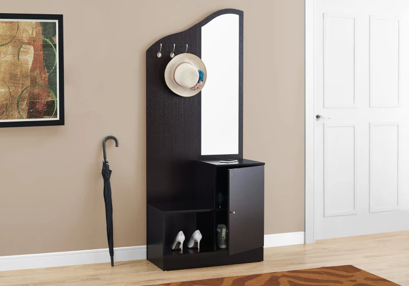 Monarch 75" Contemporary Wood Grain-Look 3-Hook Coat Rack Hall Tree Storage Bench - Cappuccino Brown Finish