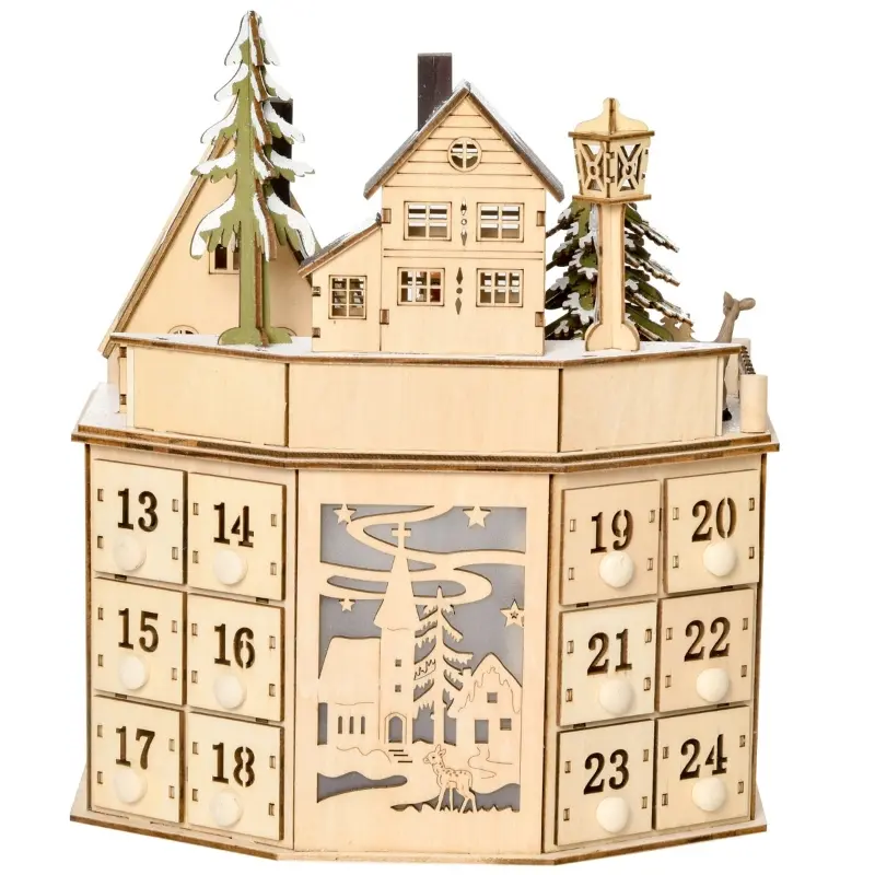 HOMCOM Christmas Advent Calendar, Light Up Table Xmas Wooden Holiday Decoration with Countdown Drawers and Village, for Kids and Adults, Natural