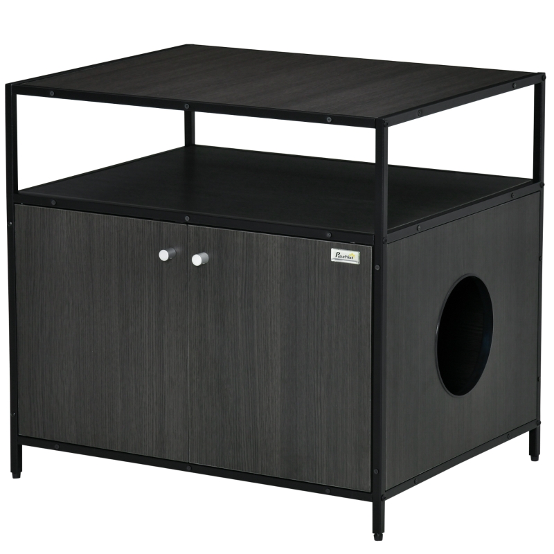PawHut Cat Litter Box Enclosure Double-door Nightstand with Storage Shelf, Black