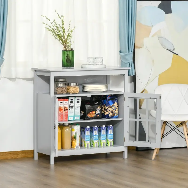 HOMCOM Sideboard Buffet Cabinet with Open Shelf, Glass Doors and Adjustable Shelf, Accent Cabinet for Kitchen, Living Room, Gray