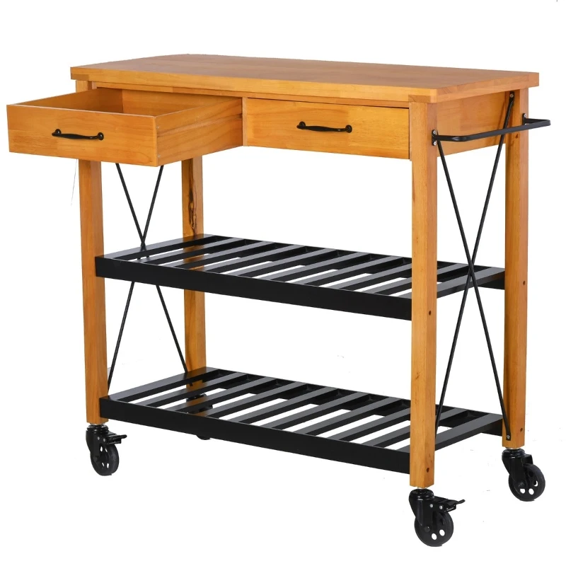 HOMCOM 46" Kitchen Island Cart Rolling Utility Cart with 2 Drawers, Open Storage Shelves & Handle Racks
