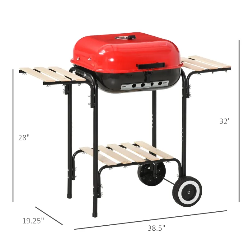 Outsunny Portable BBQ Grill Charcoal Grill with Wheels Bottom Shelf, 2 Tables and Adjustable Vents for Backyard Cooking, Red