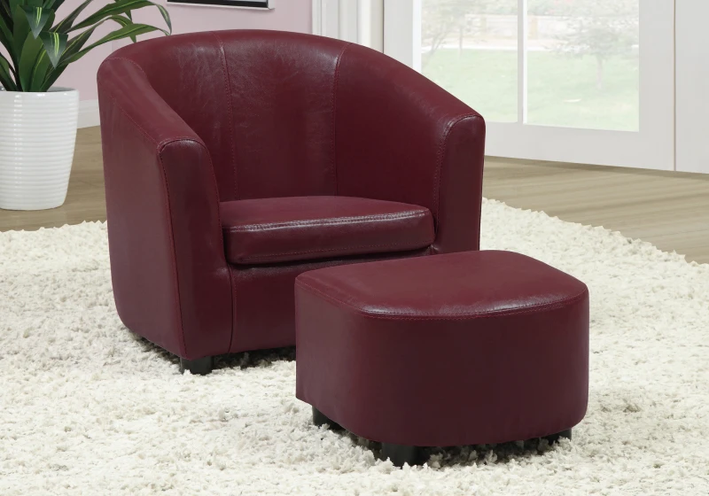 Monarch Kids' Upholstered Leather-Look Barrel Club Chair with Matching Ottoman - Red