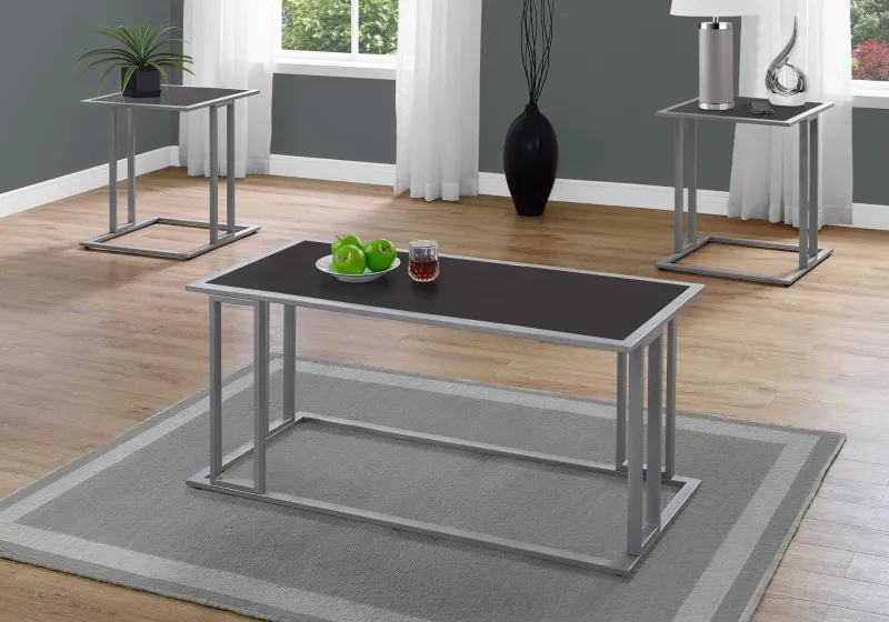 Monarch 3 Piece Modern Minimalist Smooth Laminate Coffee Table / Two Matching End Tables Set - Cappuccino / Silver Metal