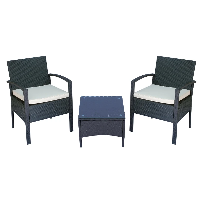 Outsunny 3 Pieces Wicker Patio Furniture Set, Rattan Bistro Set with Coffee Table and Cushions, Outdoor Conversation Set for Garden, Porch, Balcony, White