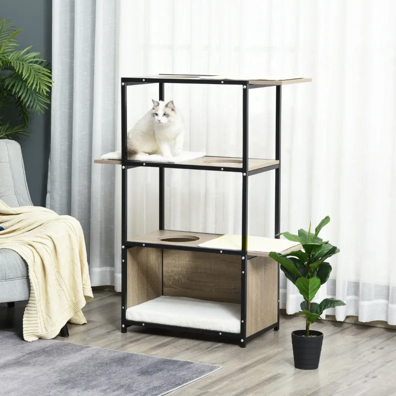 PawHut 48" H Cat House Cat Activity Tower Shelf Furniture with 3 Climbing Platforms, 1 Condo, Scratch Pad and Removable Cushions, Grey/Black