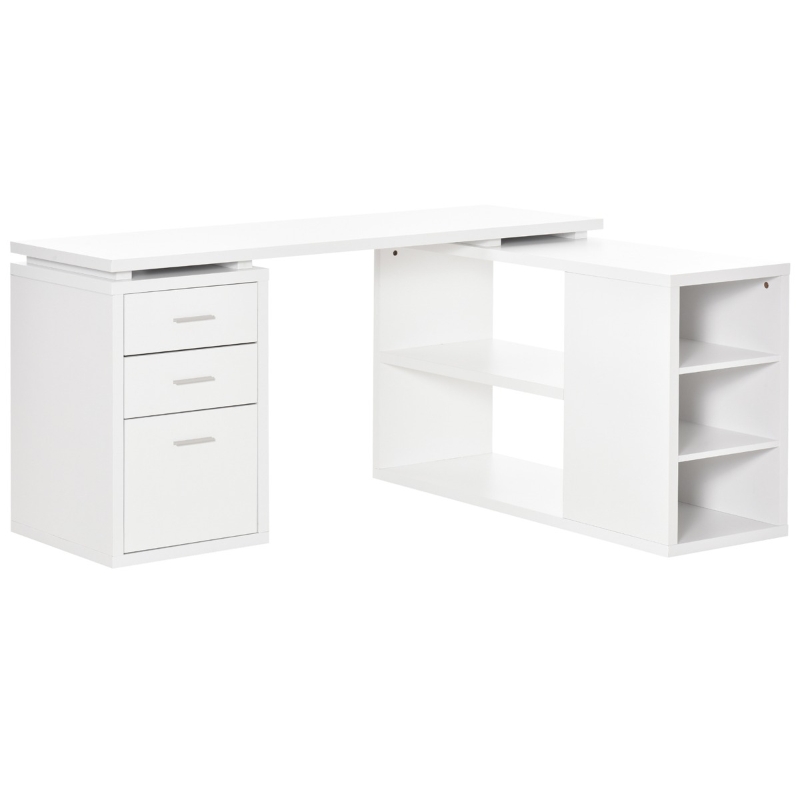 HOMCOM L-Shaped Computer Desk with Large Desktop, 3 Drawers and 5 Total Storage Shelves with Customized Assembly Options, White