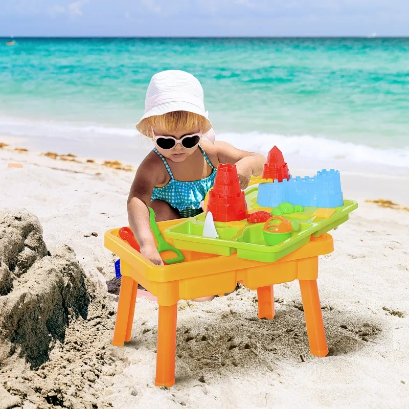 Qaba 23PCs Kids Sand and Water Table Beach Play Toddler Activity Sandbox Summer Beach Toy sets with Castle Shape Molds Lid Accessories Multicolor