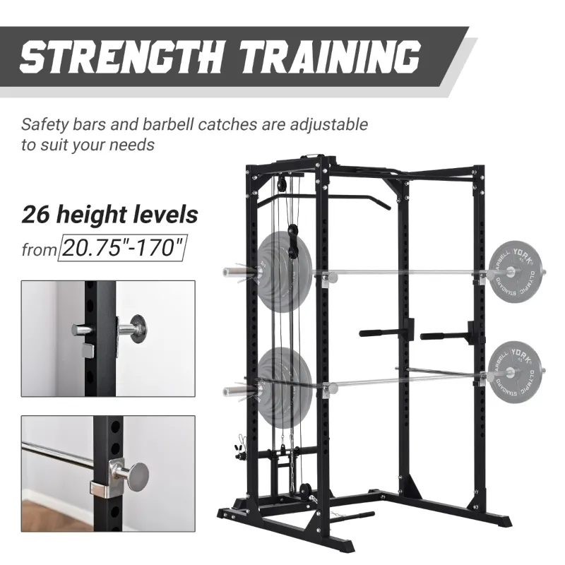 Soozier Multi-Functional Power Tower Dip Station Pull Up Bar Lat Pull Down Machine, Power Cage Fitness Equipment for Home Gym, Weightlifting Barbell Squat Rack, Dip Workout Station