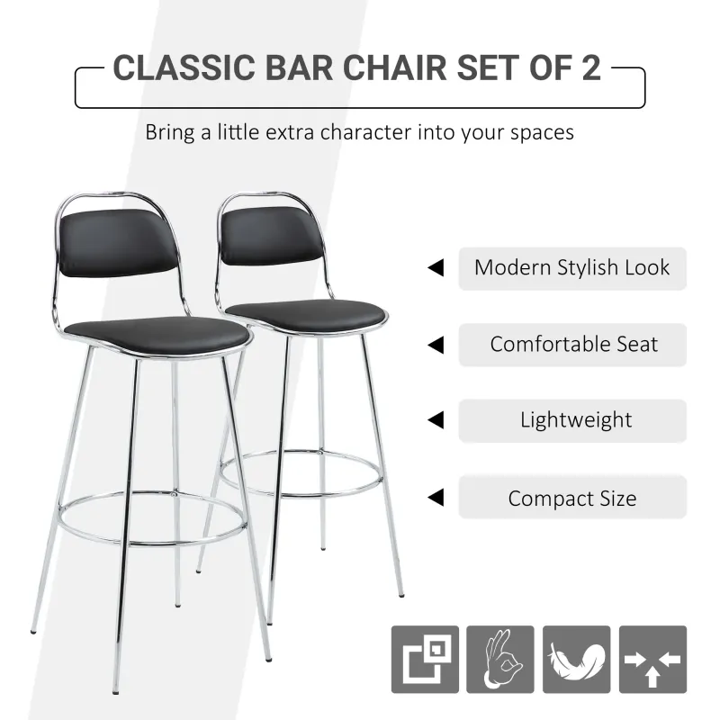 HOMCOM Height Bar Stools Set of 2, Classic PU Leather Bar Chairs for Counter Kitchen with Backrest and Footrest, Black