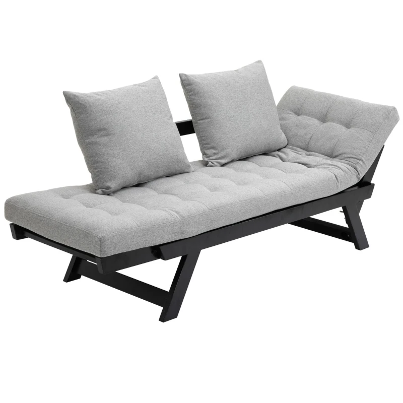 HOMCOM Single Person 3 Position Convertible Chaise Lounger Sofa Bed with 2 Large Pillows and Oak Frame, Light Gray