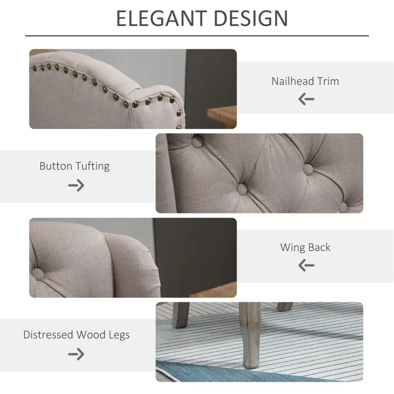 HOMCOM Button Tufted Dining Chair, French Accent Chair with Wingback, Nailhead Trim and Wood Legs, Beige