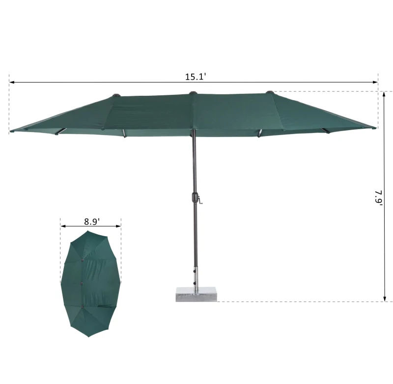 Outsunny 15ft Outdoor Twin Patio Umbrella Garden Double-Sided Market Parasol Sun Shelter with Crank Green