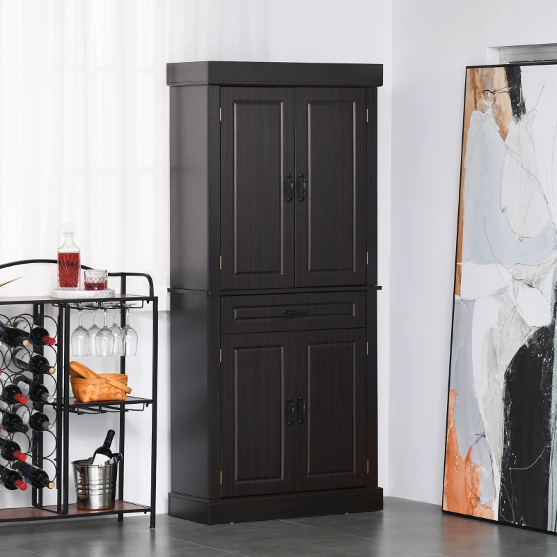 HOMCOM 71" Freestanding Kitchen Pantry Cabinet, Tall Storage Cabinet with 4 Doors and Drawer for Dining Room, Coffee