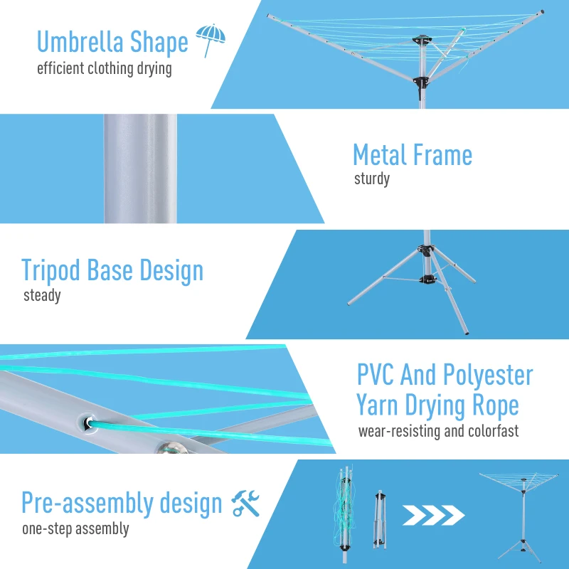 HOMCOM Foldable Umbrella Clothes Drying Rack Bed Sheet Dryer Aluminum 3 Arms 18 Lines 52.5ft Indoor Outdoor Pre-Assembled