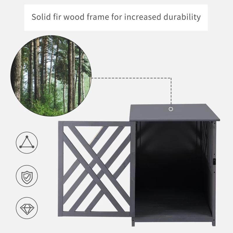 PawHut Furniture Style Wood Dog Crate End Table Decorative Dog Cage Kennel Lattice Night Stand with Lockable Door, Indoor Use, Grey