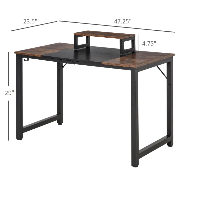 HOMCOM Industrial Style Computer Desk, Home Office Writing Desk, PC Laptop Workstation with Raised Monitor Stand, Side Hook, Adjutable Feet, Rustic Brown and Black