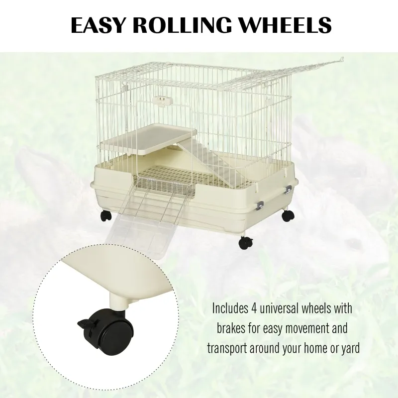 PawHut 2-Level Small Animal Cage Rabbit Hutch with Wheels, Removable Tray, Platform and Ramp for Bunny, Chinchillas, Ferret, White