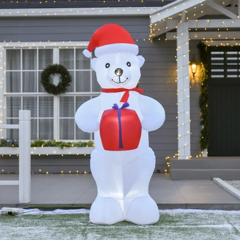 HOMCOM 6ft Christmas Inflatables Outdoor Decorations Polar Bear with a Present, Blow-Up Yard Christmas Decor with LED Lights Display