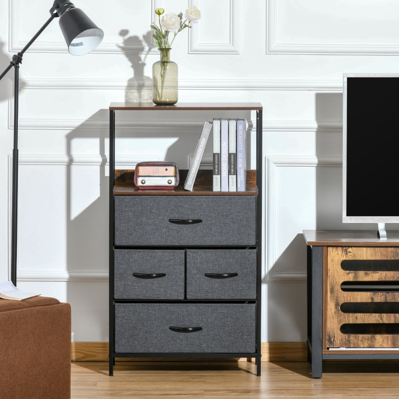HOMCOM Chest of Drawers Bedroom Unit Storage Cabinet with 4 Fabric Bins for Living Room, Bedroom and Entryway, Black