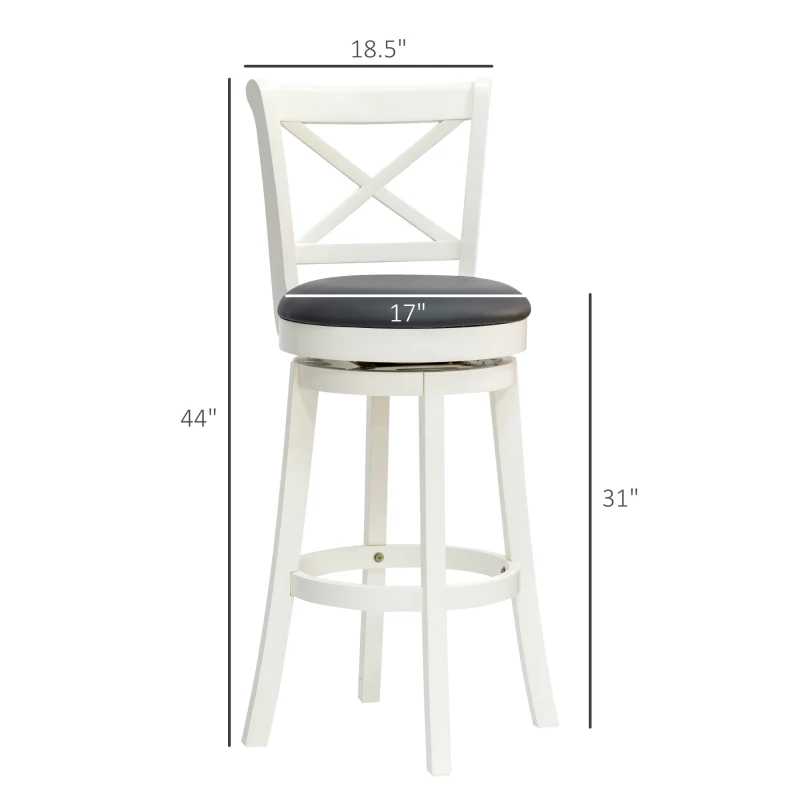 HOMCOM Swivel Bar Height Bar Stool with Back, 31 Inch PU Leather Bar Height Stool, Farmhouse Barstool with Rubberwood Frame, Cream White